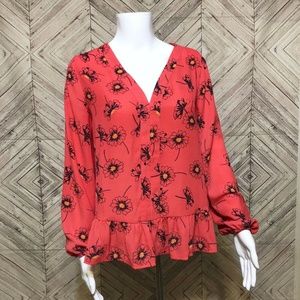 Gap Pink Long Sleeve V Neck Poppy Flower Print Peplum Pullover Blouse Women's S